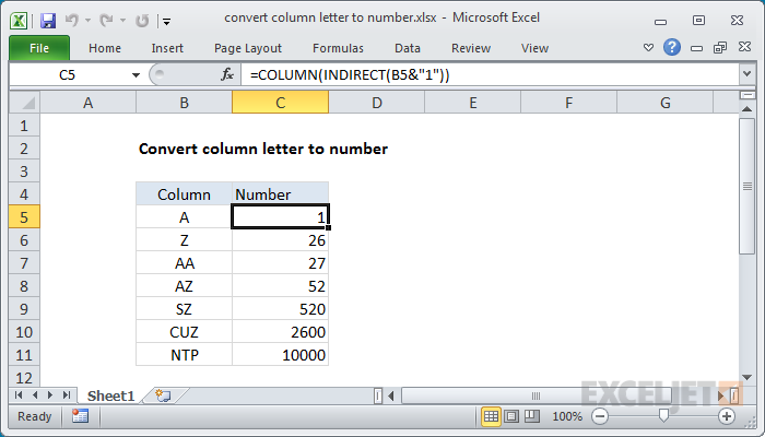 Excel formula: Convert column letter to number