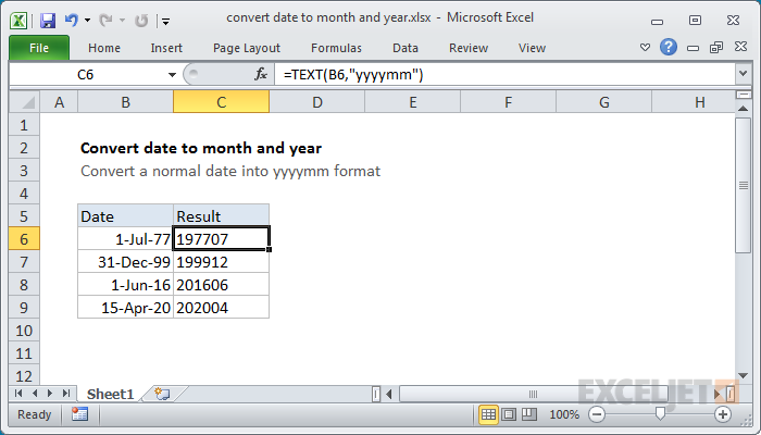 Excel formula: Convert date to month and year