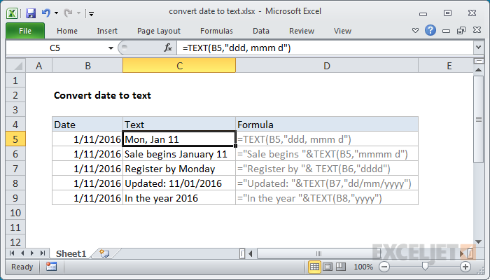 Excel formula: Convert date to text