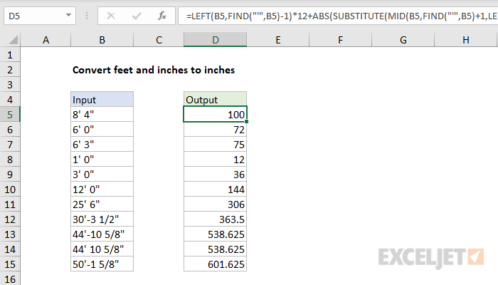 condoom Zijn bekend letterlijk Convert feet and inches to inches - Excel formula | Exceljet