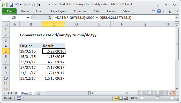 Excel formula: Convert text date dd/mm/yy to mm/dd/yy