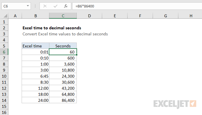 Convert Excel time to decimal seconds - Excel formula