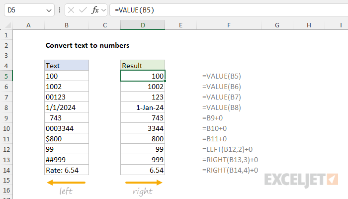 Excel formula: Convert text to numbers