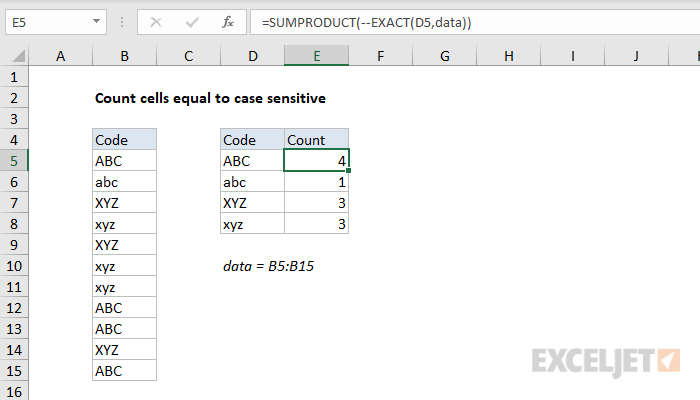 Excel formula: Count cells equal to case sensitive