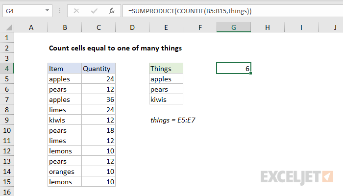 Excel formula: Count cells equal to one of many things