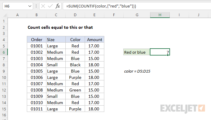 Excel formula: Count cells equal to this or that