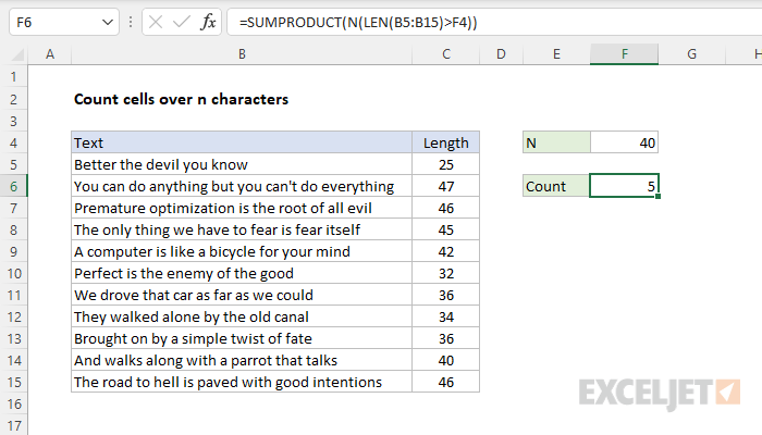 Excel formula: Count cells over n characters