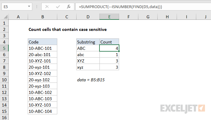 Excel formula: Count cells that contain case sensitive