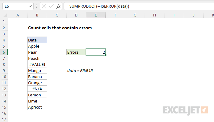 Excel formula: Count cells that contain errors