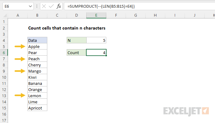 Excel formula: Count cells that contain n characters