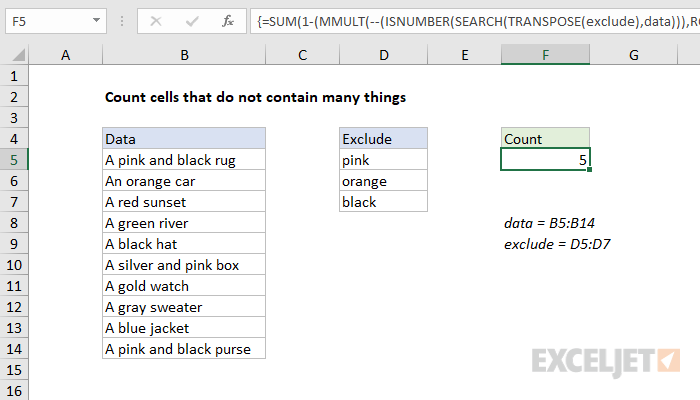 Excel formula: Count cells that do not contain many strings