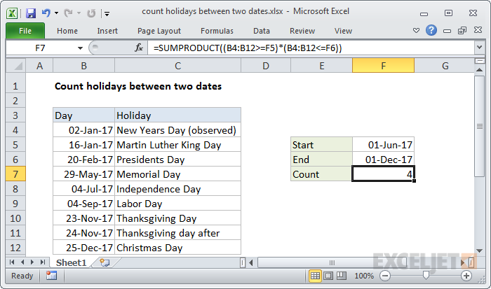 Excel formula: Count holidays between two dates