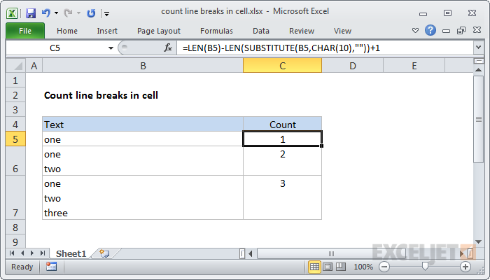 Excel formula: Count line breaks in cell