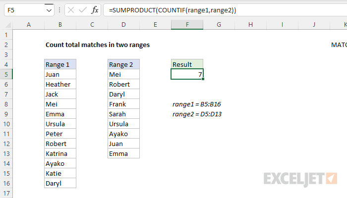 Excel formula: Count total matches in two ranges