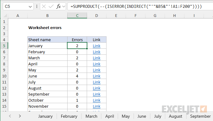 Excel formula: Count errors in all sheets