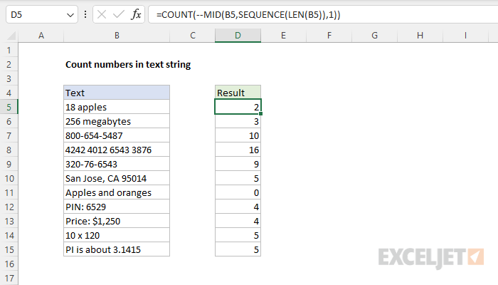 Excel formula: Count numbers in text string