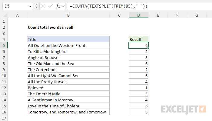 Excel formula: Count total words in a cell