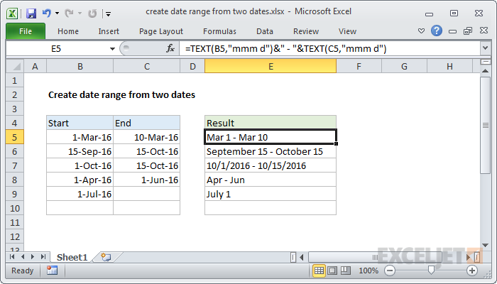 Excel formula: Create date range from two dates