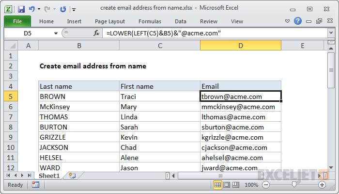 Excel formula: Create email address from name