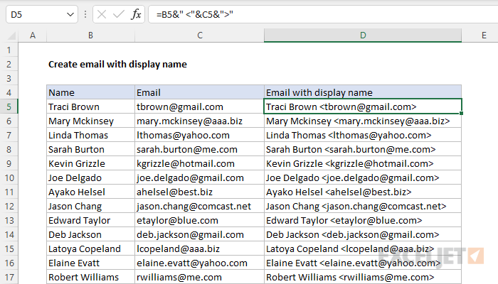 Excel formula: Create email with display name