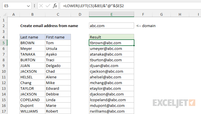 Excel formula: Create email address from name