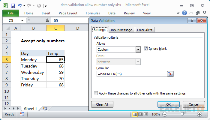 Excel formula: Data validation allow numbers only