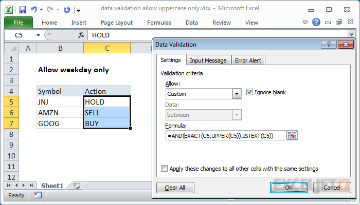 Excel formula: Data validation allow uppercase only