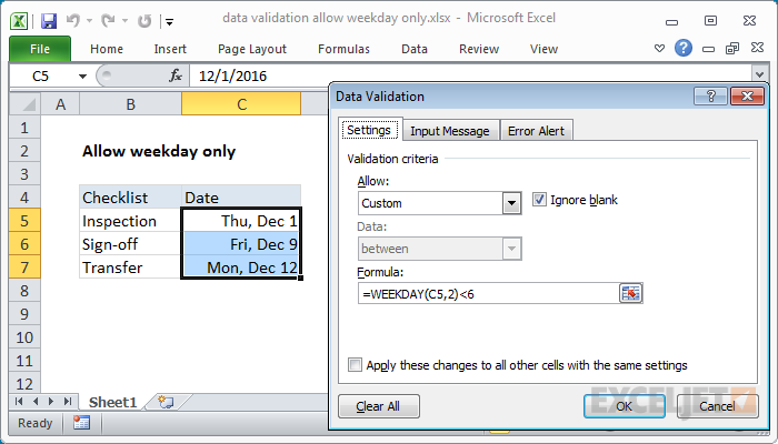 Excel formula: Data validation allow weekday only
