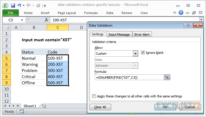 Excel formula: Data validation must contain specific text