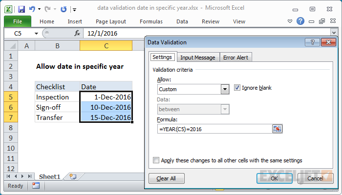 Excel formula: Data validation date in specific year