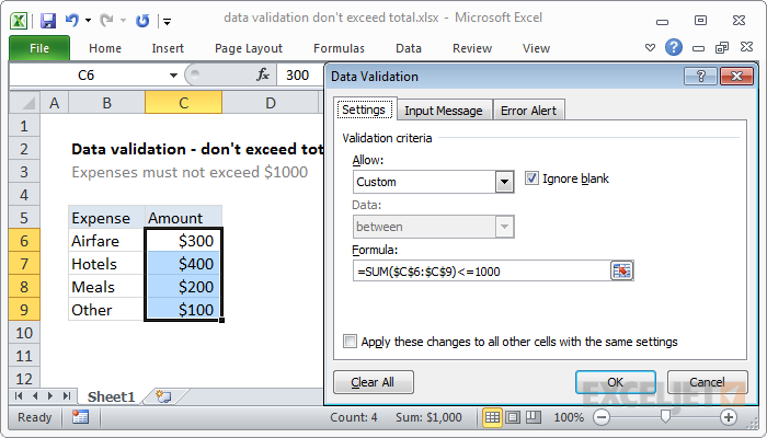 Excel formula: Data validation don't exceed total