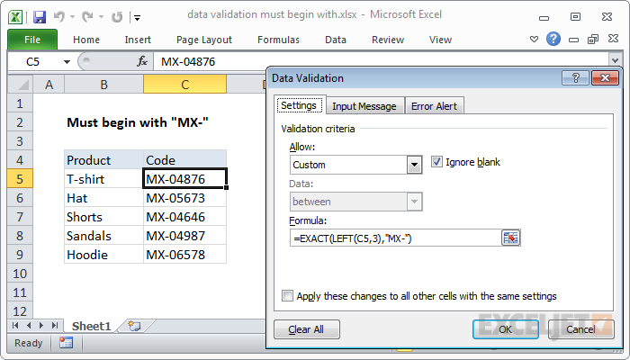 Excel formula: Data validation must begin with