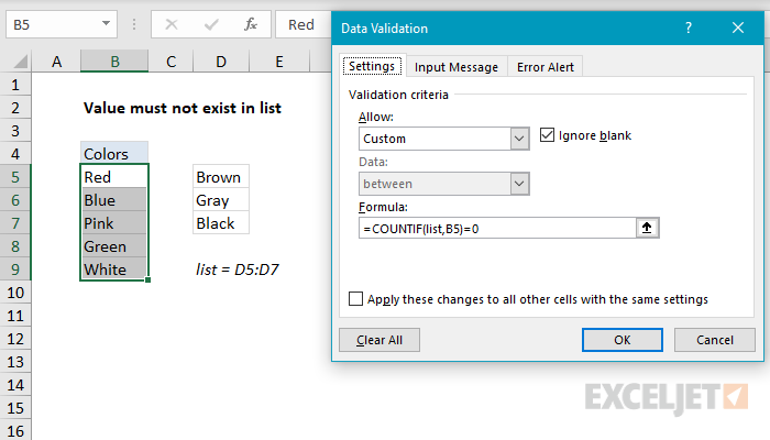 Excel formula: Data validation must not exist in list