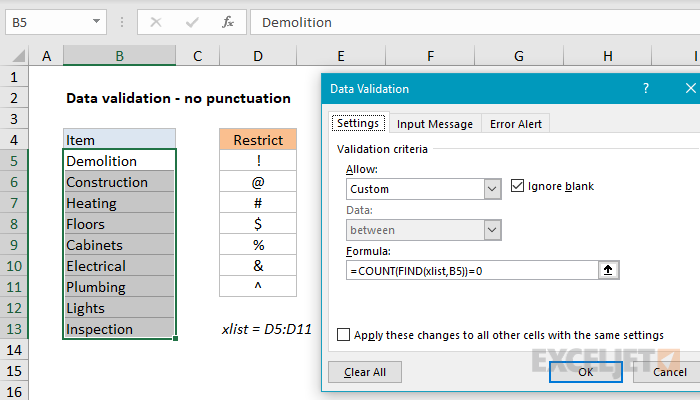 Excel formula: Data validation no punctuation