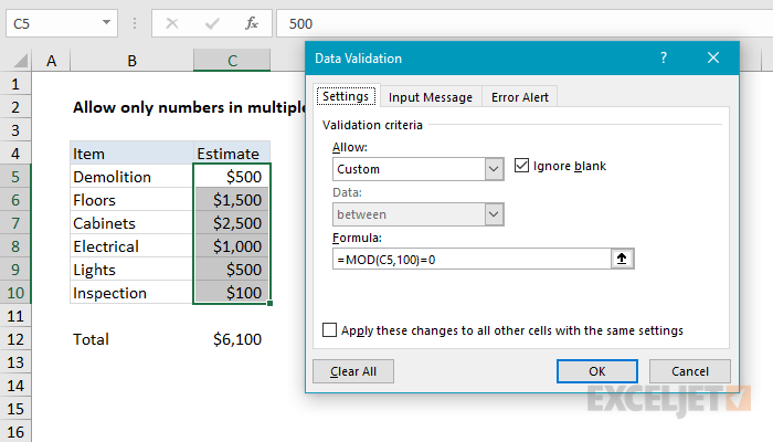 Excel formula: Data validation number multiple 100