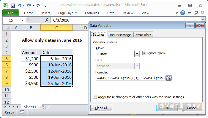 Excel formula: Data validation only dates between