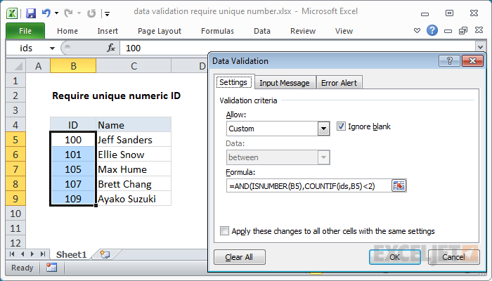 Excel formula: Data validation require unique number