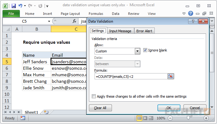 Excel formula: Data validation unique values only