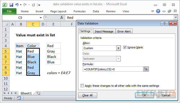 Excel formula: Data validation exists in list