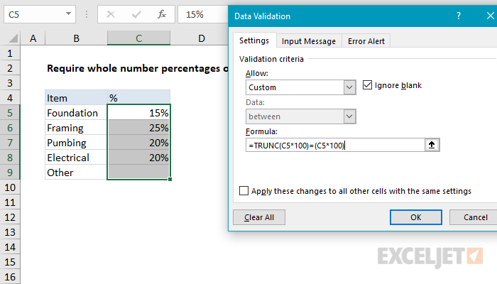 Excel formula: Data validation whole percentage only