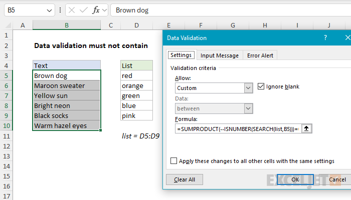 Excel formula: Data validation must not contain