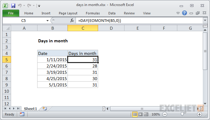 Excel formula: Days in month
