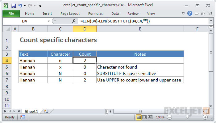 Excel formula: Count specific characters in a cell