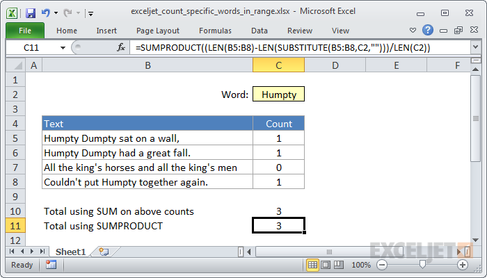 Count Specific Words In A Range Excel Formula Exceljet