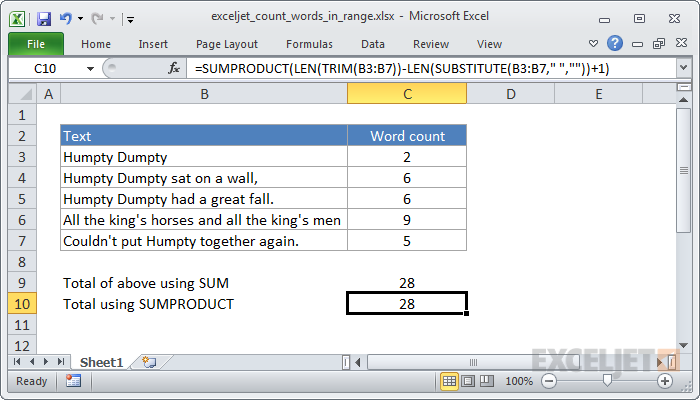 Excel formula: Count total words in a range