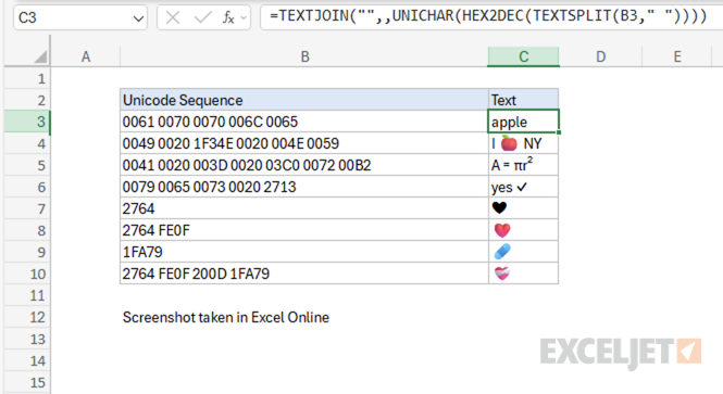 Excel formula: Encode Unicode sequence into text