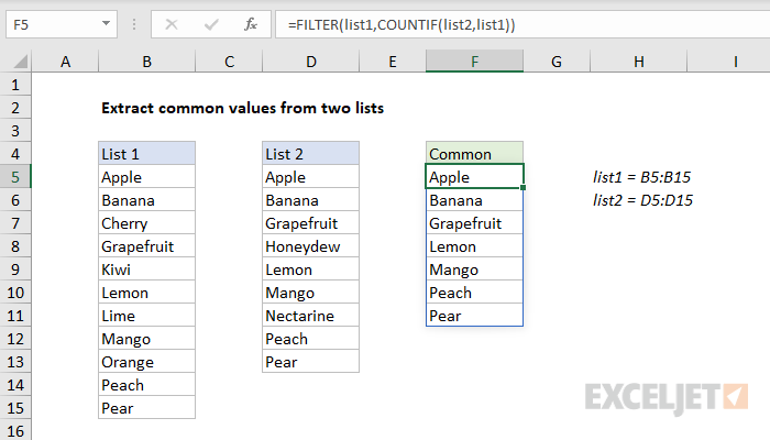 Excel formula: Extract common values from two lists