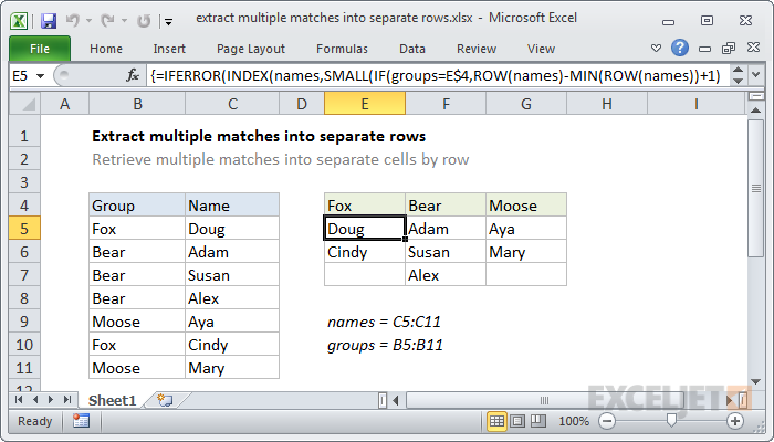 Excel formula: Extract multiple matches into separate rows