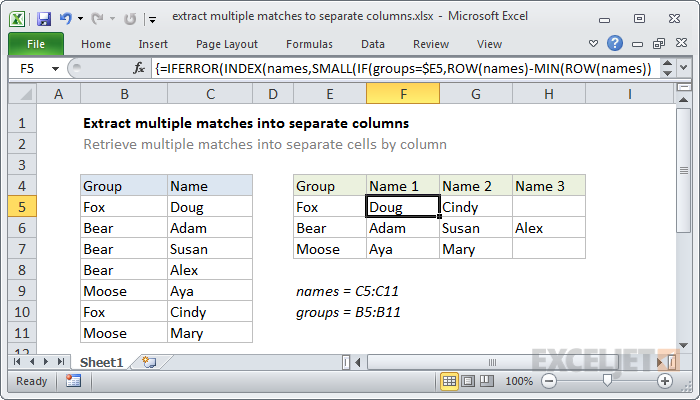 Excel formula: Extract multiple matches into separate columns