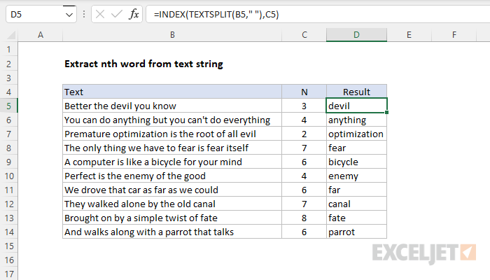 Excel formula: Extract nth word from text string